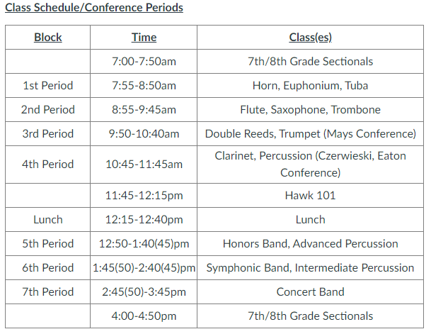 class schedule 
